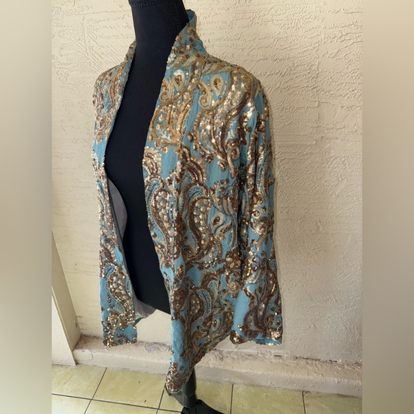 Anthropologie Ettawa Sequins Turquoise and Gold Toned Kimono Jacket- M/L - Picture 7 of 13